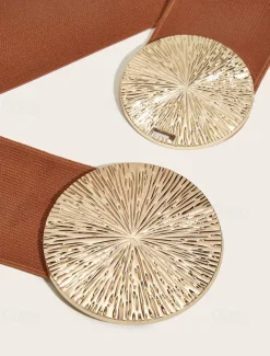 Women's Elastic Waist Belt with Gold Circle Buckle - Fashionable Wide Stretch Belt for Dresses, Casual and Formal Occasions