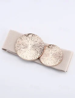Women's Elastic Waist Belt with Gold Circle Buckle - Fashionable Wide Stretch Belt for Dresses, Casual and Formal Occasions