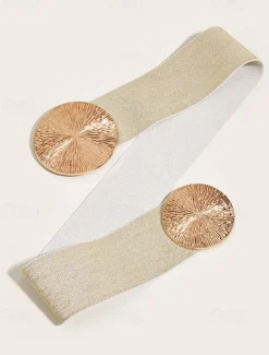 Women's Elastic Waist Belt with Gold Circle Buckle - Fashionable Wide Stretch Belt for Dresses, Casual and Formal Occasions