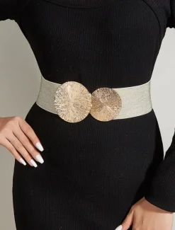 Women's Elastic Waist Belt with Gold Circle Buckle - Fashionable Wide Stretch Belt for Dresses, Casual and Formal Occasions