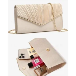 Women's Elegant Beige Clutch Bag with Detachable Chain Strap – Versatile Evening Purse for Weddings, Parties, and Formal Events