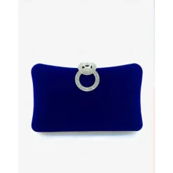 Women's Elegant Blue Velvet Clutch Bag with Rhinestone Ring Handle - Perfect Evening Bag for Weddings, Parties, and Formal Events
