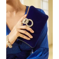 Women's Elegant Blue Velvet Clutch Bag with Rhinestone Ring Handle - Perfect Evening Bag for Weddings, Parties, and Formal Events