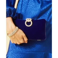 Women's Elegant Blue Velvet Clutch Bag with Rhinestone Ring Handle - Perfect Evening Bag for Weddings, Parties, and Formal Events