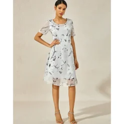 Women's Elegant Chiffon Dress Floral Mesh Print Crew Neck Midi Dress Daily Vacation Short Sleeve Summer Spring