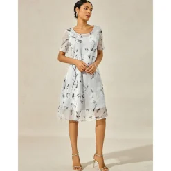 Women's Elegant Chiffon Dress Floral Mesh Print Crew Neck Midi Dress Daily Vacation Short Sleeve Summer Spring