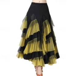 Women's Elegant Dance Hall Latin Dance Party Long Skirt with Layered Hem