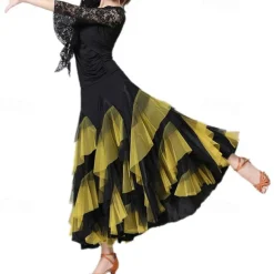 Women's Elegant Dance Hall Latin Dance Party Long Skirt with Layered Hem