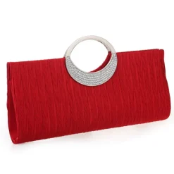 Women's Elegant Evening Clutch Bag - Rhinestone Handle, Pleated Satin, Wedding & Party Purse