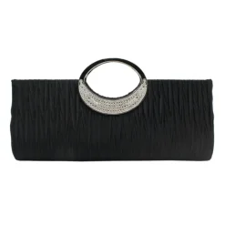 Women's Elegant Evening Clutch Bag - Rhinestone Handle, Pleated Satin, Wedding & Party Purse