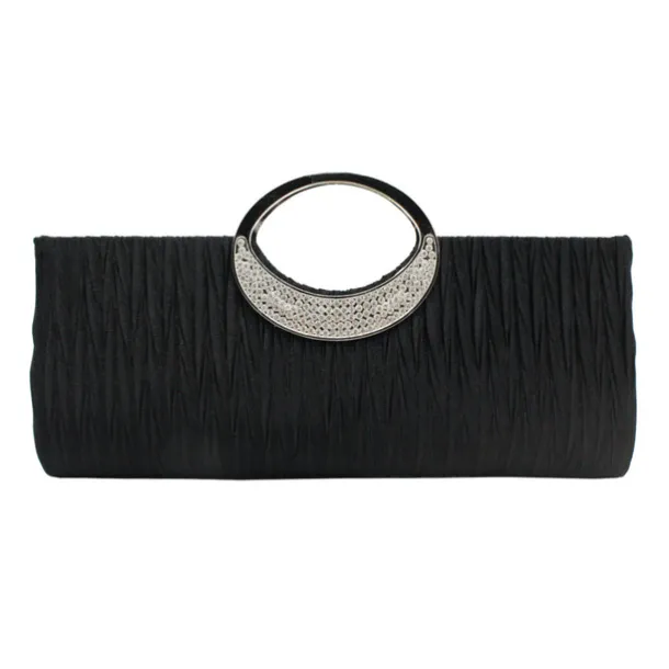 Women's Elegant Evening Clutch Bag - Rhinestone Handle, Pleated Satin, Wedding & Party Purse