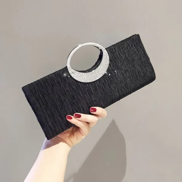 Women's Elegant Evening Clutch Bag - Rhinestone Handle, Pleated Satin, Wedding & Party Purse