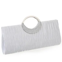 Women's Elegant Evening Clutch Bag - Rhinestone Handle, Pleated Satin, Wedding & Party Purse