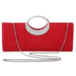 Women's Elegant Evening Clutch Bag - Rhinestone Handle, Pleated Satin, Wedding & Party Purse