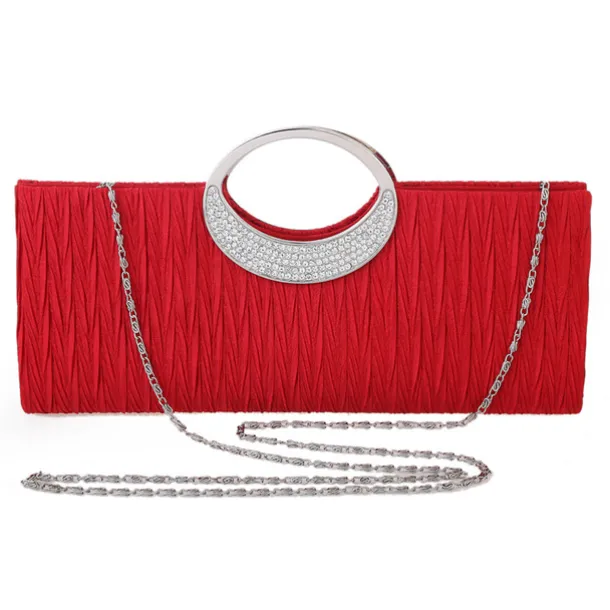 Women's Elegant Evening Clutch Bag - Rhinestone Handle, Pleated Satin, Wedding & Party Purse