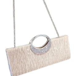 Women's Elegant Evening Clutch Bag - Rhinestone Handle, Pleated Satin, Wedding & Party Purse