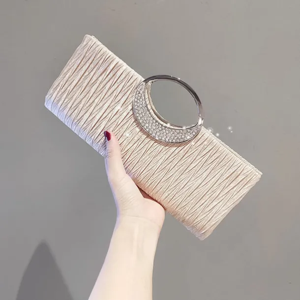Women's Elegant Evening Clutch Bag - Rhinestone Handle, Pleated Satin, Wedding & Party Purse