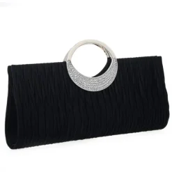 Women's Elegant Evening Clutch Bag - Rhinestone Handle, Pleated Satin, Wedding & Party Purse