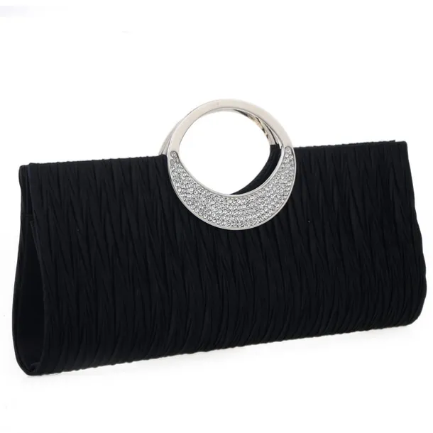 Women's Elegant Evening Clutch Bag - Rhinestone Handle, Pleated Satin, Wedding & Party Purse