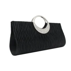 Women's Elegant Evening Clutch Bag - Rhinestone Handle, Pleated Satin, Wedding & Party Purse