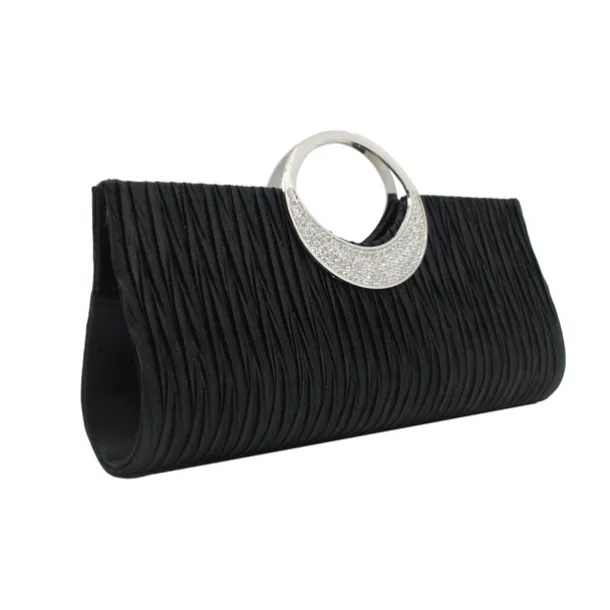 Women's Elegant Evening Clutch Bag - Rhinestone Handle, Pleated Satin, Wedding & Party Purse