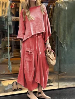 Women's Elegant Fashion Basic Pants Sets Long Sleeve Round Neck Solid Color Outdoor Work Casual Black White Yellow Summer Regular Fit