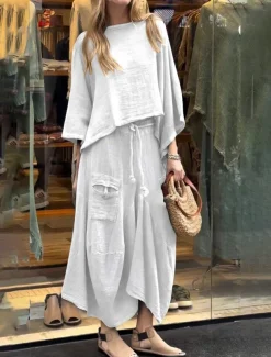 Women's Elegant Fashion Basic Pants Sets Long Sleeve Round Neck Solid Color Outdoor Work Casual Black White Yellow Summer Regular Fit