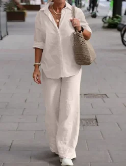 Women's Elegant Fashion Basic Shirt Cotton Linen Sets Two Piece Sets Pants Trousers Long Sleeve Shirt Collar Solid Color Casual Daily Pink Dark Navy Blue Fall & Winter Regular Fit