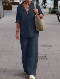 Women's Elegant Fashion Basic Shirt Cotton Linen Sets Two Piece Sets Pants Trousers Long Sleeve Shirt Collar Solid Color Casual Daily Pink Dark Navy Blue Fall & Winter Regular Fit