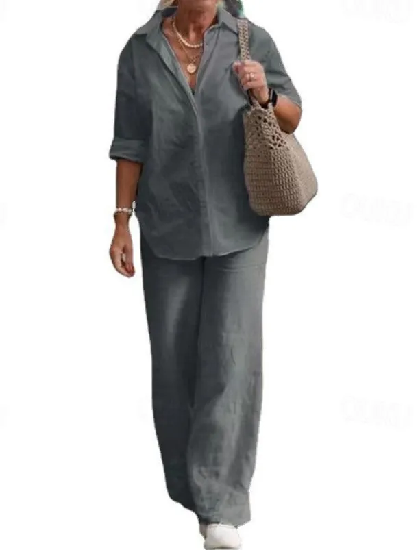 Women's Elegant Fashion Basic Shirt Cotton Linen Sets Two Piece Sets Pants Trousers Long Sleeve Shirt Collar Solid Color Casual Daily Pink Dark Navy Blue Fall & Winter Regular Fit