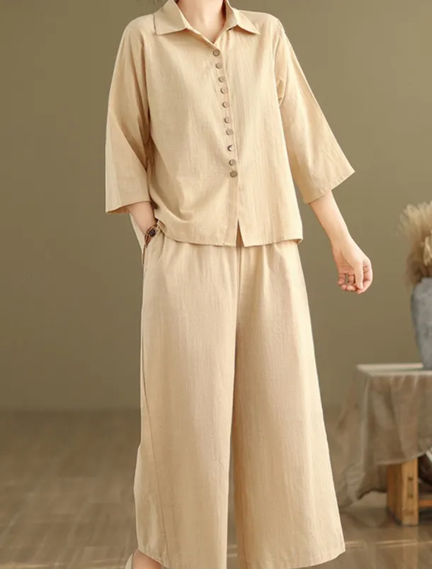 Women's Elegant Fashion Streetwear Cotton Linen Sets 3/4 Length Sleeve Shirt Collar Solid Color Outdoor Work Casual Orange Brown Khaki Summer Regular Fit