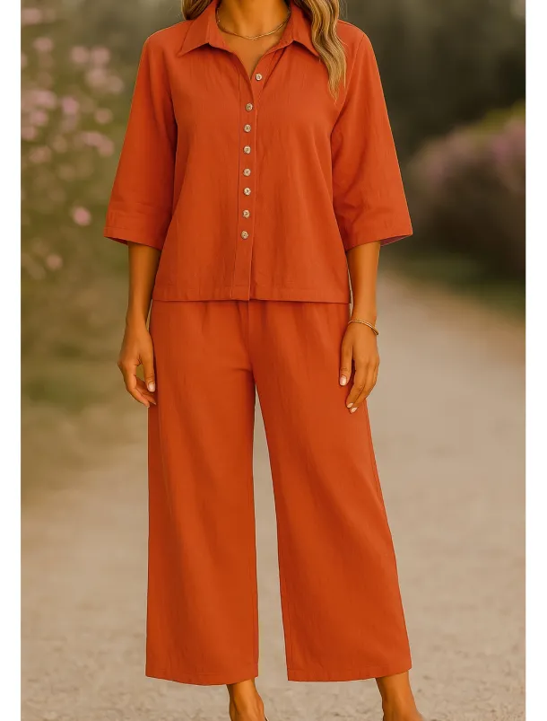 Women's Elegant Fashion Streetwear Cotton Linen Sets 3/4 Length Sleeve Shirt Collar Solid Color Outdoor Work Casual Orange Brown Khaki Summer Regular Fit