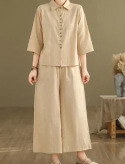 Women's Elegant Fashion Streetwear Cotton Linen Sets 3/4 Length Sleeve Shirt Collar Solid Color Outdoor Work Casual Orange Brown Khaki Summer Regular Fit