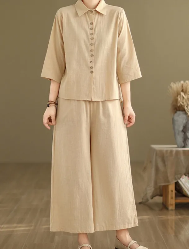 Women's Elegant Fashion Streetwear Cotton Linen Sets 3/4 Length Sleeve Shirt Collar Solid Color Outdoor Work Casual Orange Brown Khaki Summer Regular Fit