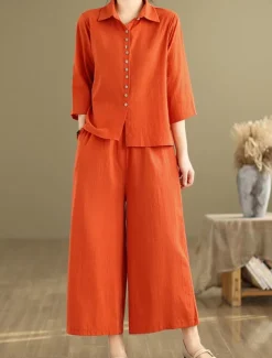 Women's Elegant Fashion Streetwear Cotton Linen Sets 3/4 Length Sleeve Shirt Collar Solid Color Outdoor Work Casual Orange Brown Khaki Summer Regular Fit