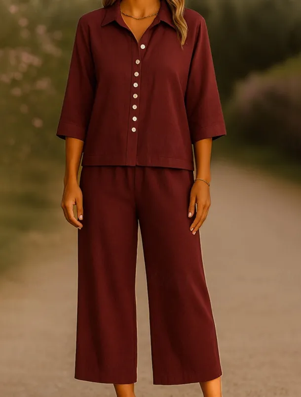 Women's Elegant Fashion Streetwear Cotton Linen Sets 3/4 Length Sleeve Shirt Collar Solid Color Outdoor Work Casual Orange Brown Khaki Summer Regular Fit