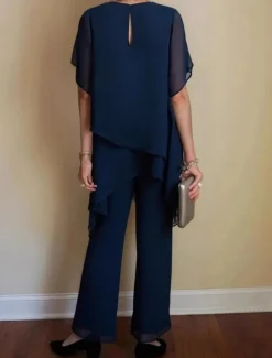 Women's Elegant Fashion Streetwear Pants Sets Short Sleeve Crew Neck Solid Color Layered Casual Daily Navy Blue Spring Regular Fit