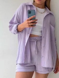 Women's Elegant Fashion Streetwear Cotton Linen Sets Long Sleeve Shirt Collar Solid Color Outdoor Work Casual Black Purple Orange Summer Loose Fit