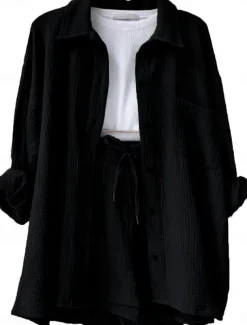 Women's Elegant Fashion Streetwear Cotton Linen Sets Long Sleeve Shirt Collar Solid Color Outdoor Work Casual Black Purple Orange Summer Loose Fit