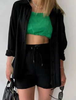 Women's Elegant Fashion Streetwear Cotton Linen Sets Long Sleeve Shirt Collar Solid Color Outdoor Work Casual Black Purple Orange Summer Loose Fit