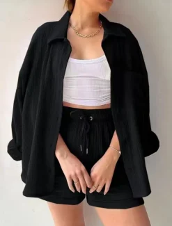 Women's Elegant Fashion Streetwear Cotton Linen Sets Long Sleeve Shirt Collar Solid Color Outdoor Work Casual Black Purple Orange Summer Loose Fit