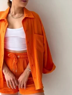 Women's Elegant Fashion Streetwear Cotton Linen Sets Long Sleeve Shirt Collar Solid Color Outdoor Work Casual Black Purple Orange Summer Loose Fit