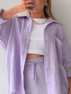 Women's Elegant Fashion Streetwear Cotton Linen Sets Long Sleeve Shirt Collar Solid Color Outdoor Work Casual Black Purple Orange Summer Loose Fit