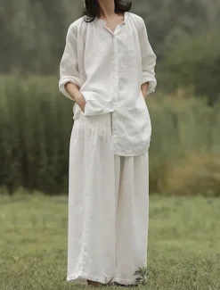 Women's Elegant Fashion Streetwear Cotton Linen Sets Long Sleeve Shirt Collar Plain Outdoor Work Casual White Summer Regular Fit