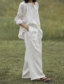 Women's Elegant Fashion Streetwear Cotton Linen Sets Long Sleeve Shirt Collar Plain Outdoor Work Casual White Summer Regular Fit