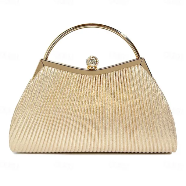 Women's Elegant Gold Evening Clutch Purse – Pleated Metallic Handbag with Rhinestone Handle for Women, Wedding, Party, and Formal Events
