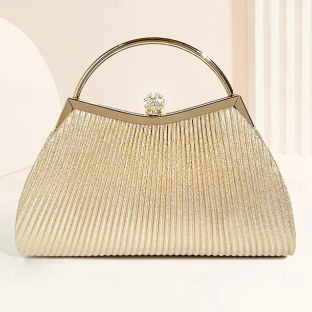 Women's Elegant Gold Evening Clutch Purse – Pleated Metallic Handbag with Rhinestone Handle for Women, Wedding, Party, and Formal Events