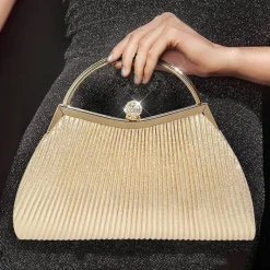 Women's Elegant Gold Evening Clutch Purse – Pleated Metallic Handbag with Rhinestone Handle for Women, Wedding, Party, and Formal Events