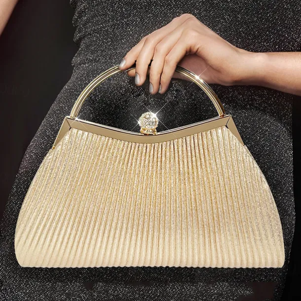 Women's Elegant Gold Evening Clutch Purse – Pleated Metallic Handbag with Rhinestone Handle for Women, Wedding, Party, and Formal Events