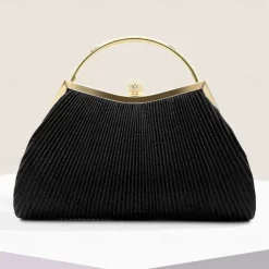 Women's Elegant Gold Evening Clutch Purse – Pleated Metallic Handbag with Rhinestone Handle for Women, Wedding, Party, and Formal Events